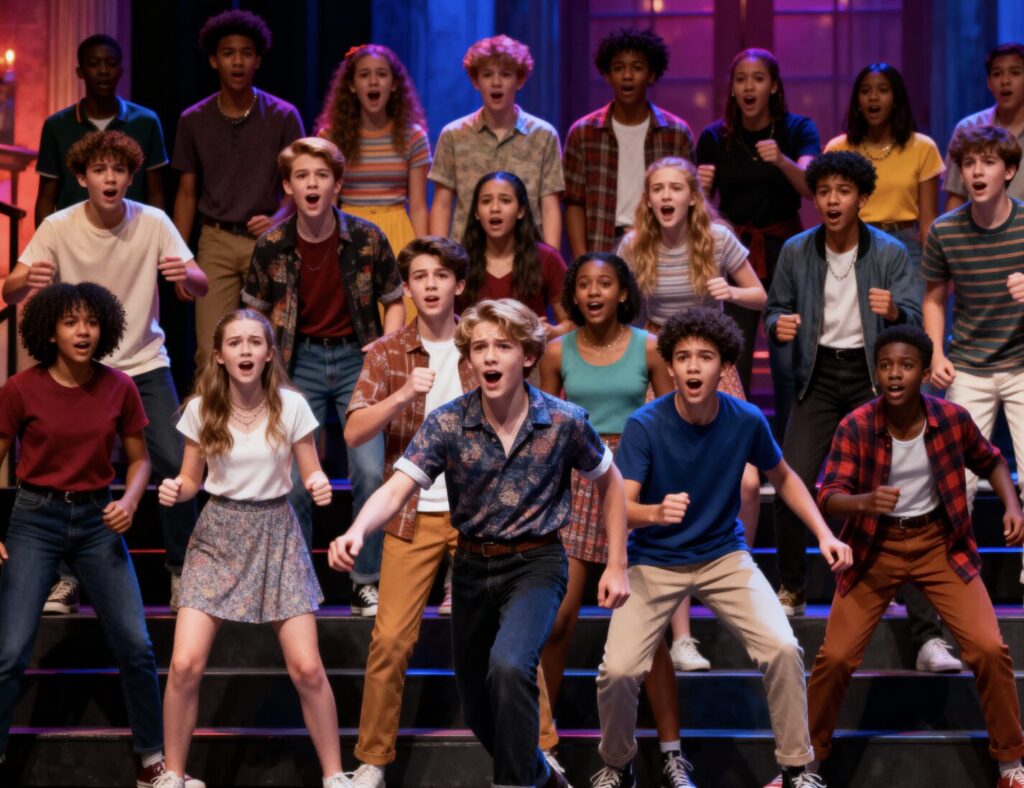 A colorful and extravagant theater performance on World Student Theatre Day. There's dramatic lighting to highlight the expressions of the actors, who are a diverse group of teenagers of multiple descents and genders. They're engaged in dynamic movements on stage that depict a range of emotions, reflecting the richness and diversity of the theatrical genre. The grandeur of the stage suggests a high-end production.