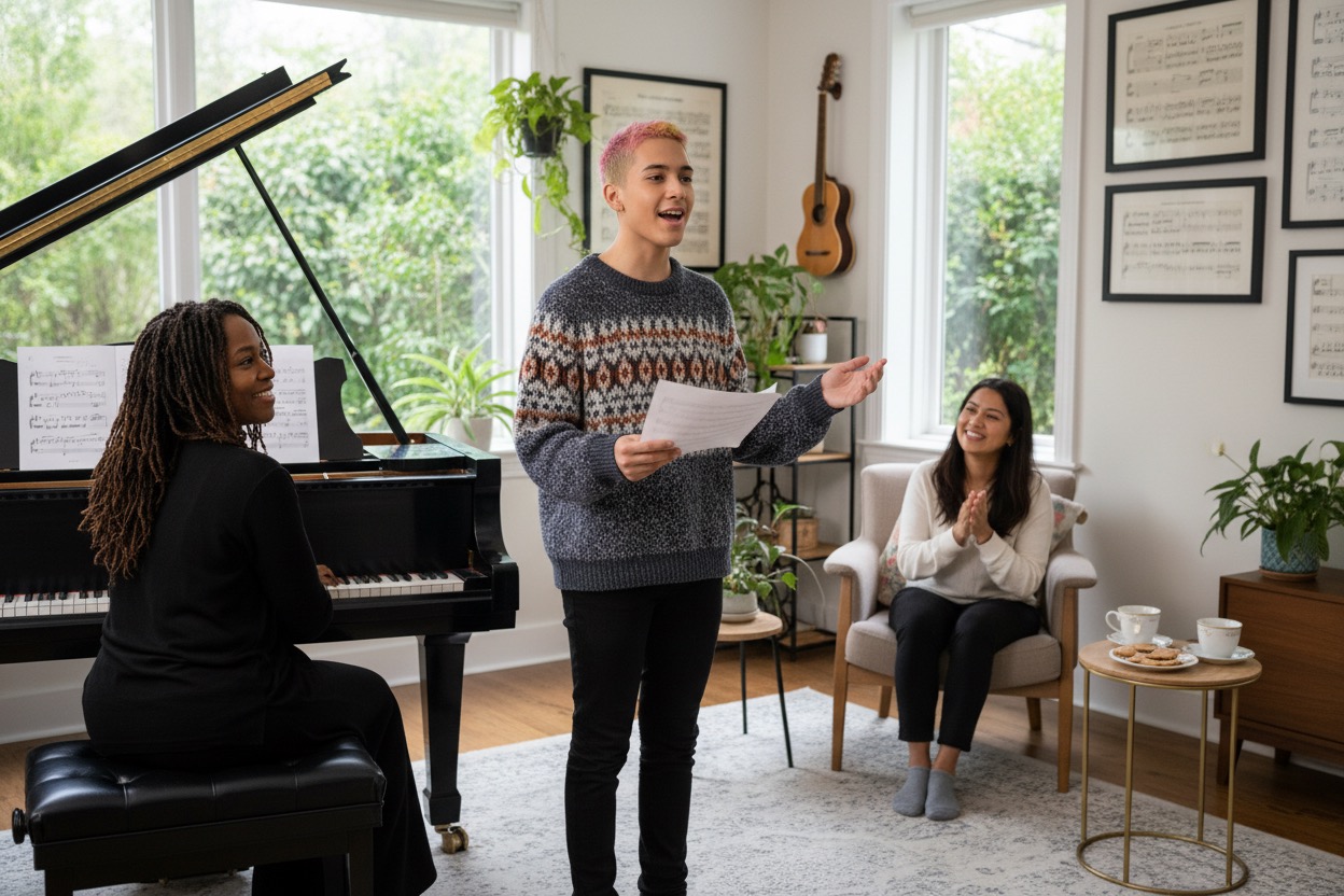 A young man with pink hair and tan skin, wearing a fair isle sweater and black pants, holds a piece of music and sings joyfully.  A young black woman with long dreads wearing all black sits at a grand piano to accompany the singer.  A young woman with dark hair and light skin, wearing a white long sleeve blouse and black pants sits on the side of the photo watching with her hands clapping and a beaming smile on her face.