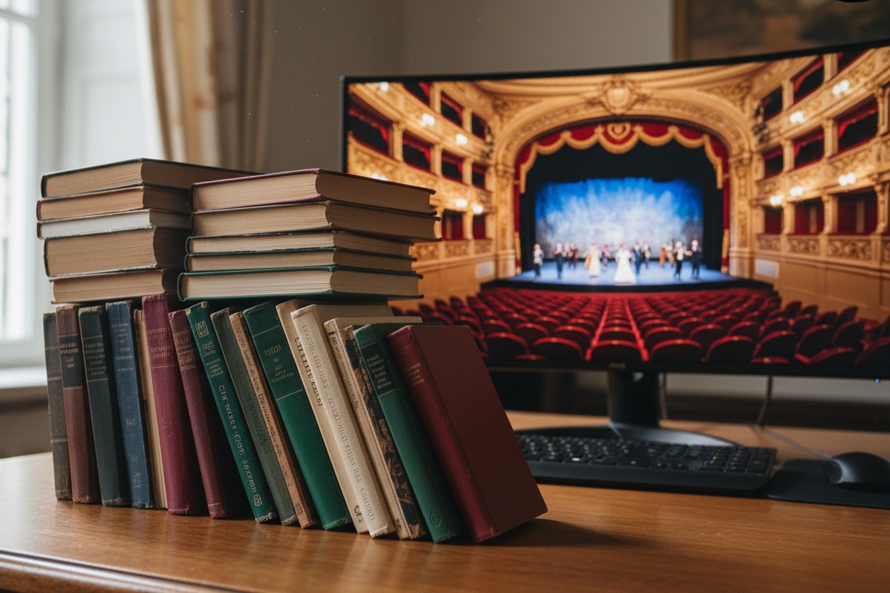 A colorful stack of books in a vertical row, with more stacked horizontally on top in two stacks, sit on an oak table with a black computer in the background.  On the computer screen is an image of a theatre with red seats and ivory box seating, and a blurred stage with a blue backdrop and a compliment of actors set in the background.