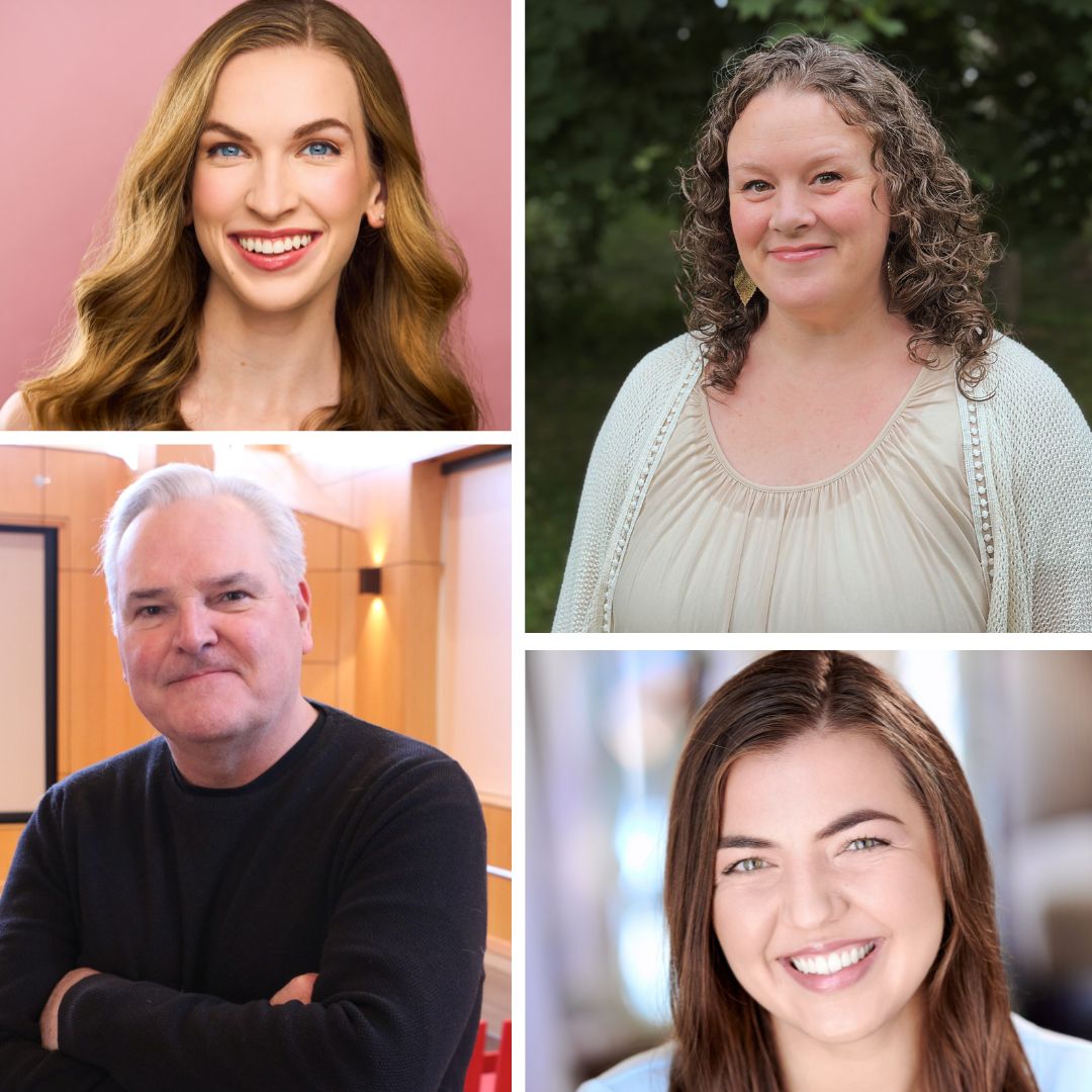 Collage of headshots - top left, Allison Reed, white female with gently wavy blonde hair and blue eyes, with a big smile, wearing a royal blue shirt, set against a blush pink background. Top right, Stephanie Overton-Hall, white female with brown curly hair and brown eyes, a pleasant, closed-lipped smile, wearing a beige shimmery shirt with an off-white cardigan and gold leaf earrings, set against a slightly blurred natural background of greenery. Bottom left, Jody Wood, white male with white and gray hair, dark eyes and a slight smile, wearing a black long sleeve tee, set against a slightly blurred theatre background with natural wood walls and red seats. Bottom left, Amalea Hammitt, white female with straight brown hair, green eyes, and a big smile, wearing a light blue shirt and set against a blurred interior background with light walls and a window.